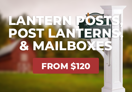 Lantern Posts, Birdhouses, & Mailboxes from $119 overlaid a mailbox with a faded barn background